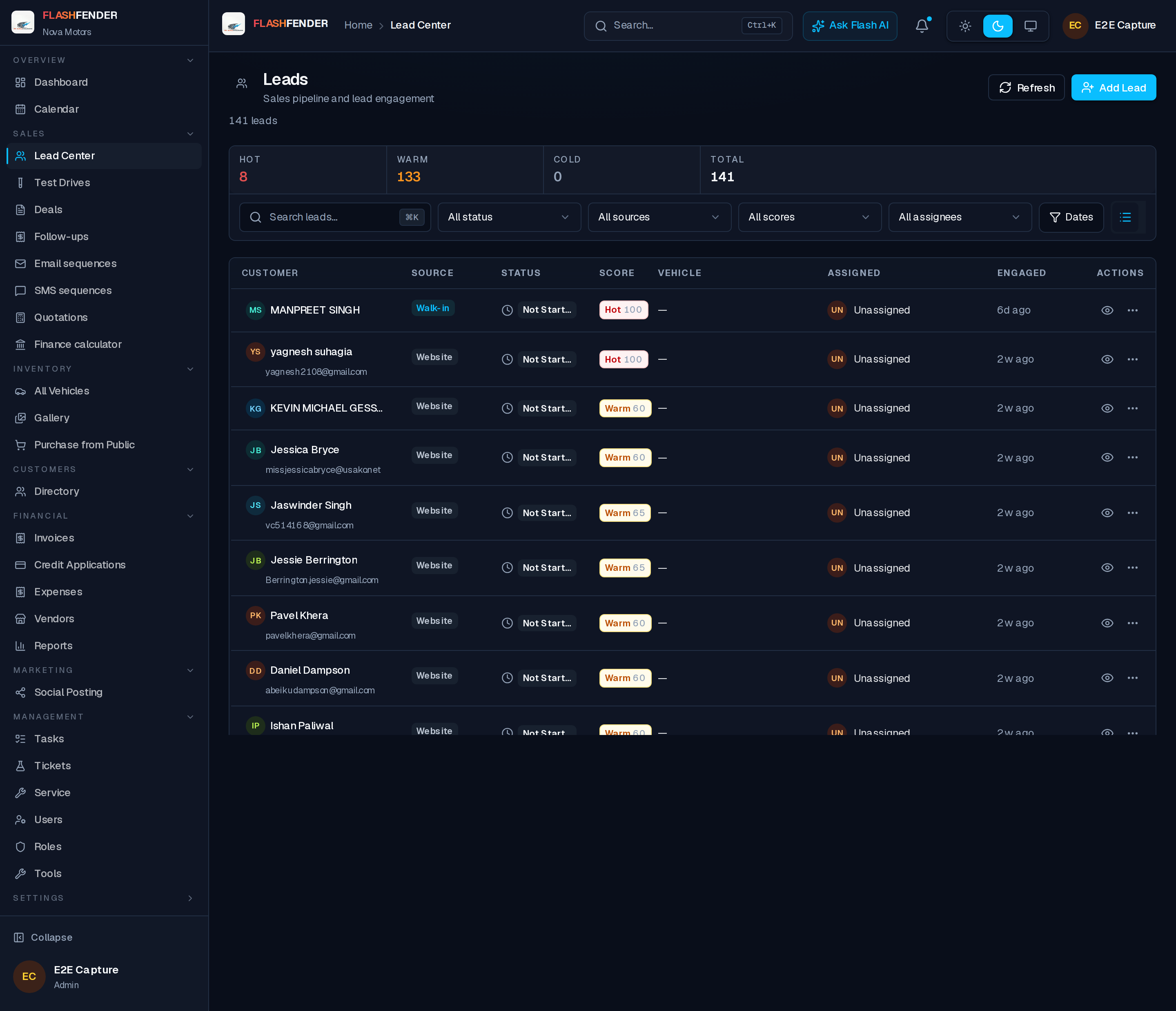 FlashFender CRM & Leads — live product screenshot